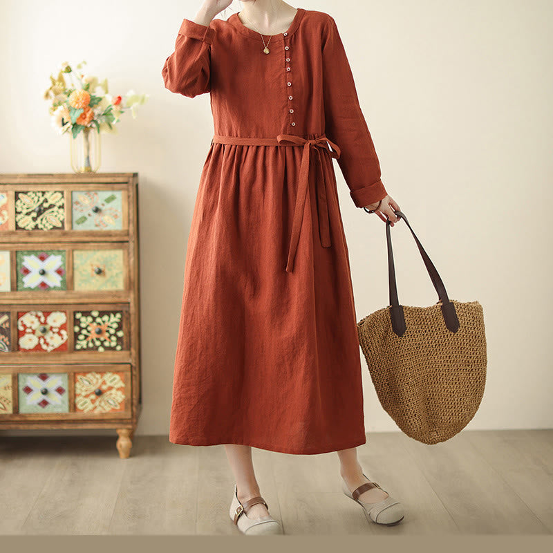OrangeRed Lace-Up Design Long Sleeve Cotton Midi Dress With Pockets - Image 6