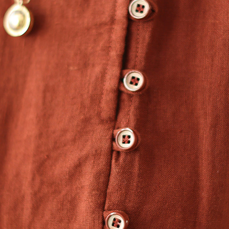 OrangeRed Lace-Up Design Long Sleeve Cotton Midi Dress With Pockets - Image 11