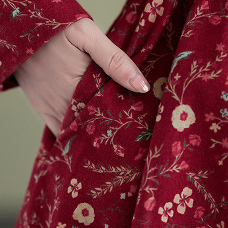 Ethnic Printing Drawstring Long Sleeve Cotton Linen Midi Dress With Pockets - Image 16