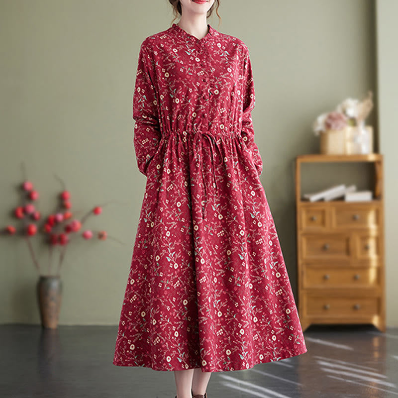 Ethnic Printing Drawstring Long Sleeve Cotton Linen Midi Dress With Pockets - Image 10