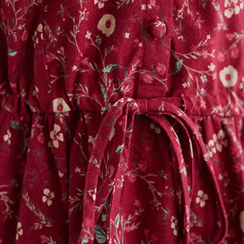 Ethnic Printing Drawstring Long Sleeve Cotton Linen Midi Dress With Pockets - Image 15