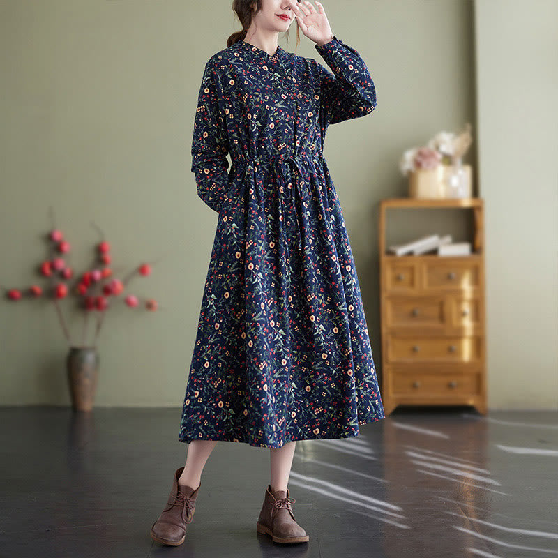 Ethnic Printing Drawstring Long Sleeve Cotton Linen Midi Dress With Pockets - Image 3