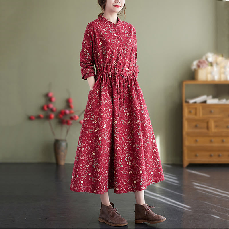 Ethnic Printing Drawstring Long Sleeve Cotton Linen Midi Dress With Pockets - Image 8