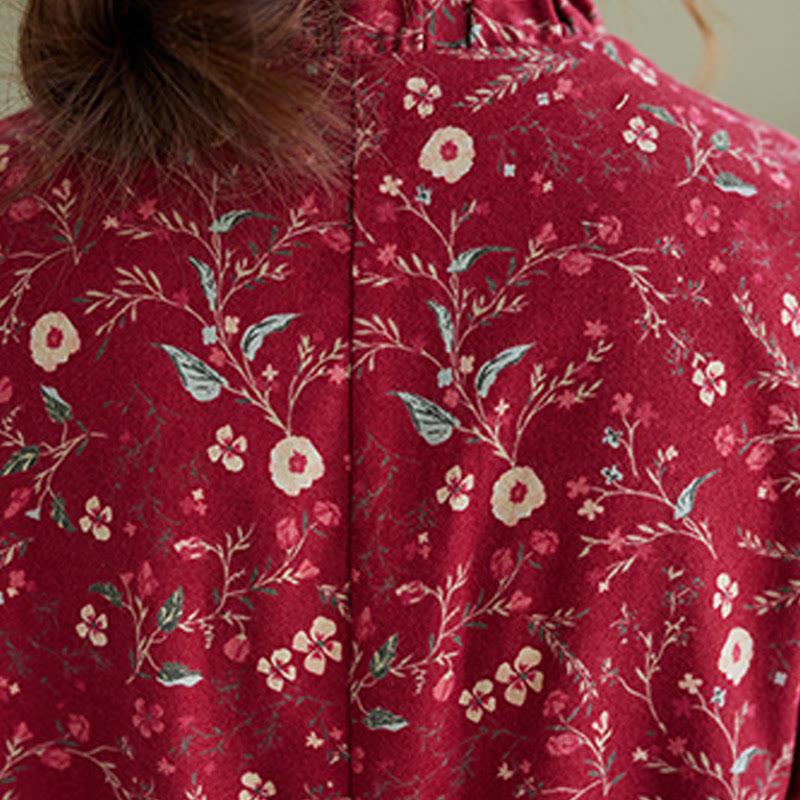 Ethnic Printing Drawstring Long Sleeve Cotton Linen Midi Dress With Pockets - Image 13