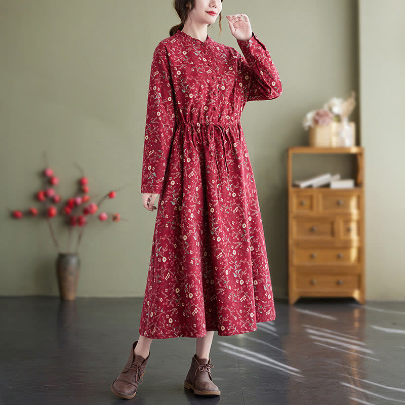 Ethnic Printing Drawstring Long Sleeve Cotton Linen Midi Dress With Pockets - Image 6