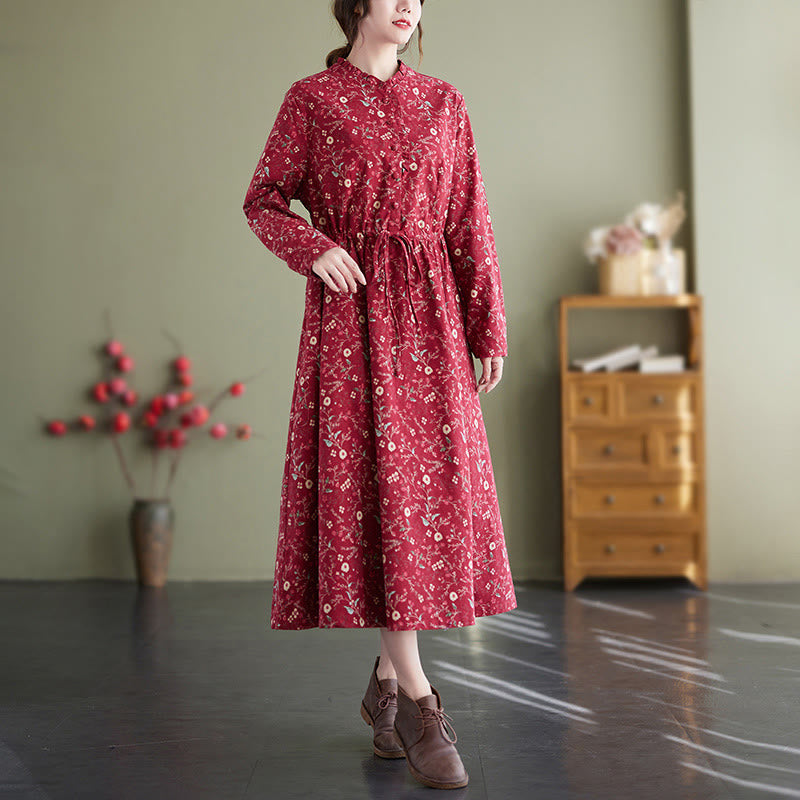 Ethnic Printing Drawstring Long Sleeve Cotton Linen Midi Dress With Pockets - Image 9
