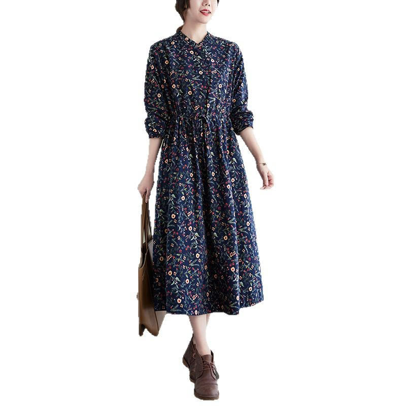 Ethnic Printing Drawstring Long Sleeve Cotton Linen Midi Dress With Pockets - Image 5