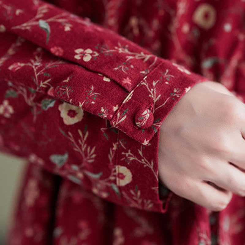 Ethnic Printing Drawstring Long Sleeve Cotton Linen Midi Dress With Pockets - Image 17