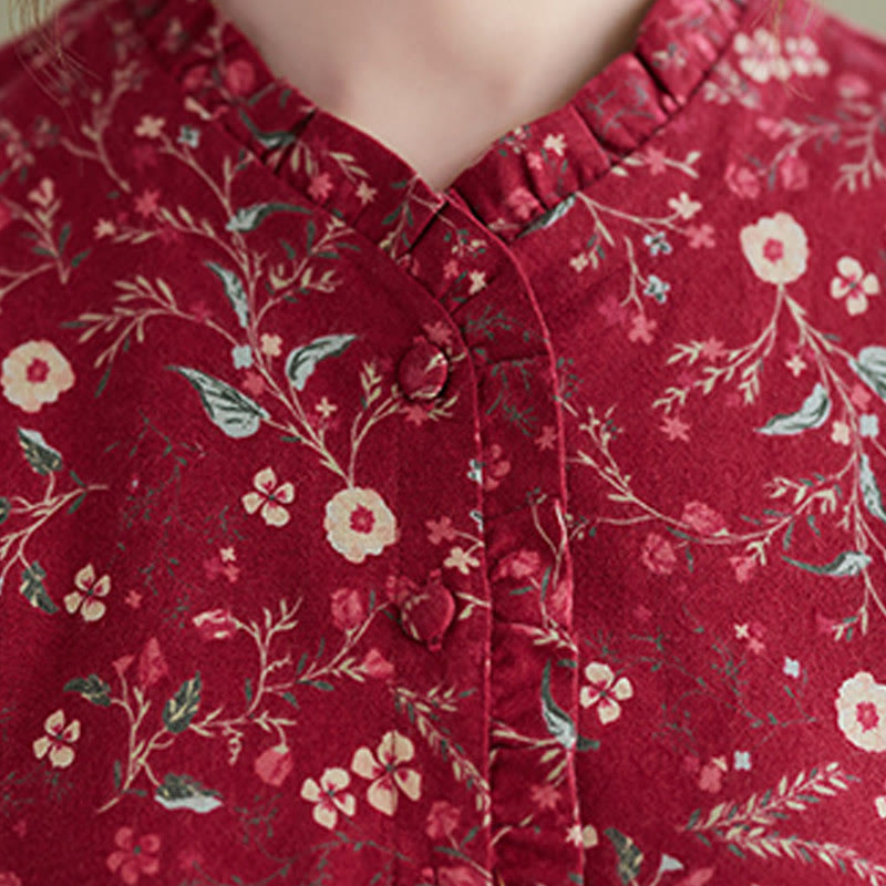 Ethnic Printing Drawstring Long Sleeve Cotton Linen Midi Dress With Pockets - Image 12