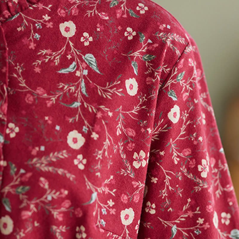 Ethnic Printing Drawstring Long Sleeve Cotton Linen Midi Dress With Pockets - Image 14