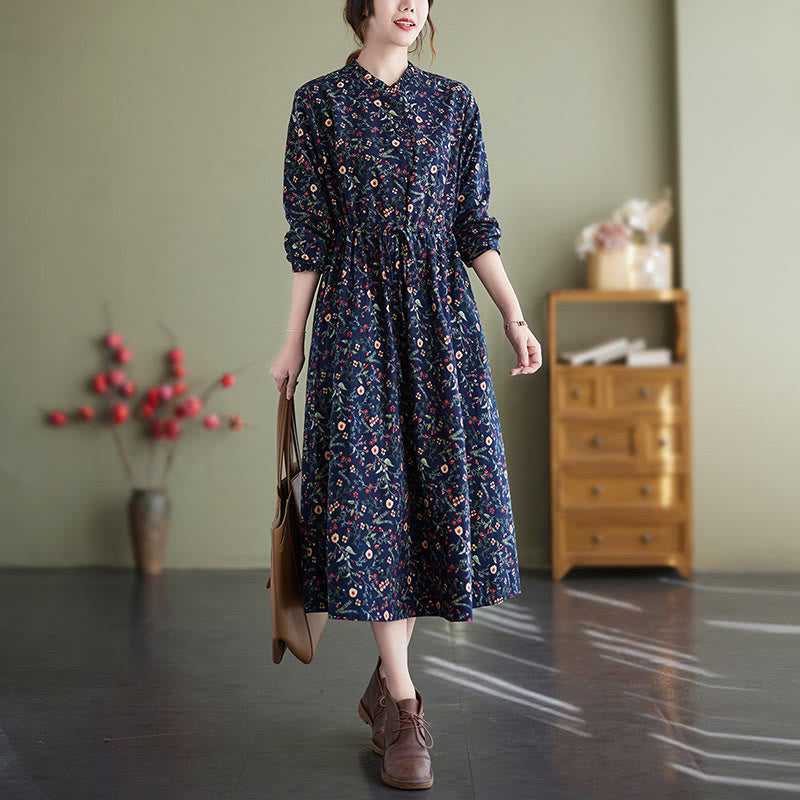 Ethnic Printing Drawstring Long Sleeve Cotton Linen Midi Dress With Pockets