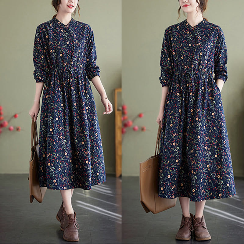 Ethnic Printing Drawstring Long Sleeve Cotton Linen Midi Dress With Pockets - Image 4