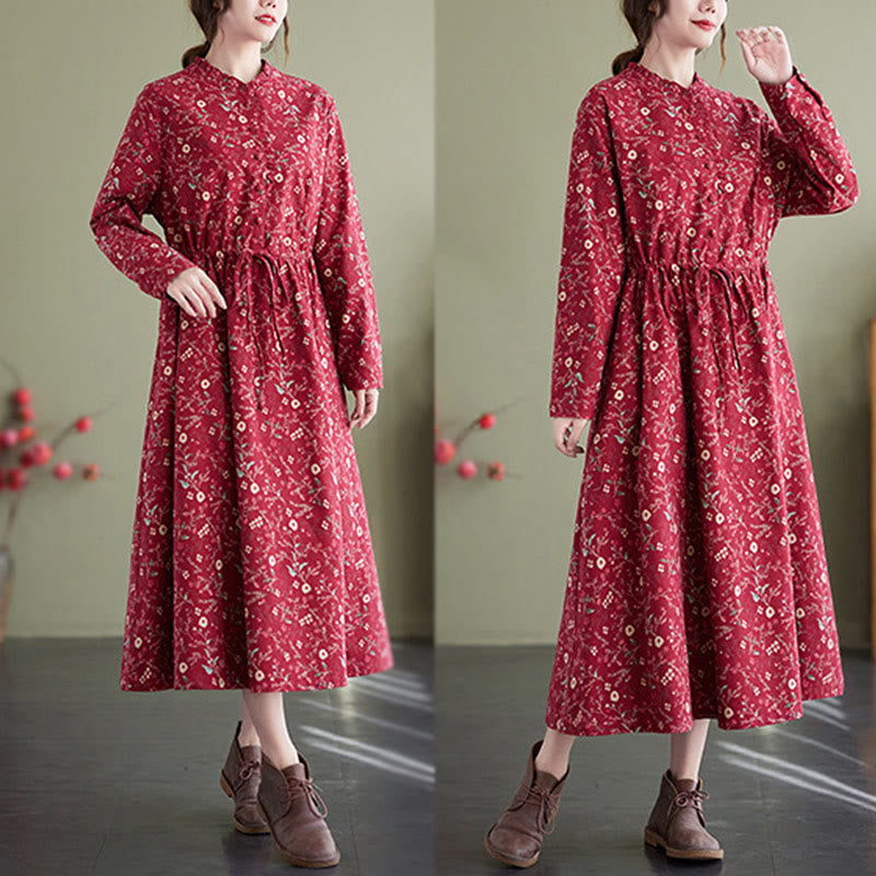 Ethnic Printing Drawstring Long Sleeve Cotton Linen Midi Dress With Pockets - Image 11