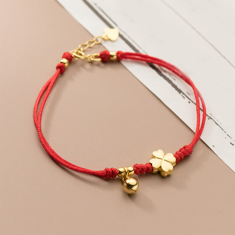 925 Sterling Silver Plated Gold Four Leaf Clover Red String Connection Bracelet