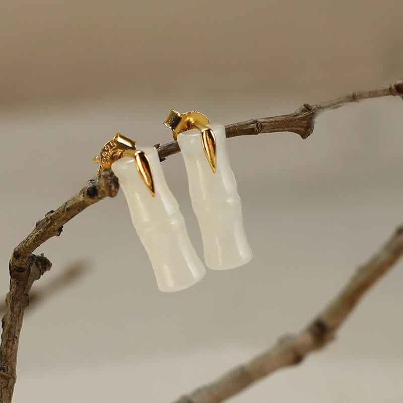 Bamboo Hetian Jade 925 Sterling Silver Leaf Wealth Earrings