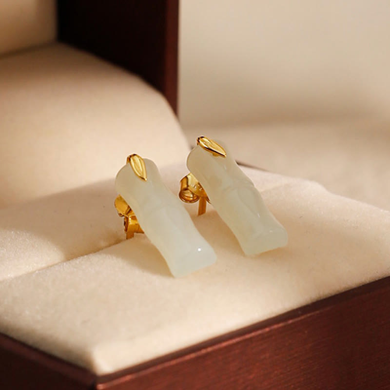 Bamboo Hetian Jade 925 Sterling Silver Leaf Wealth Earrings - Image 4