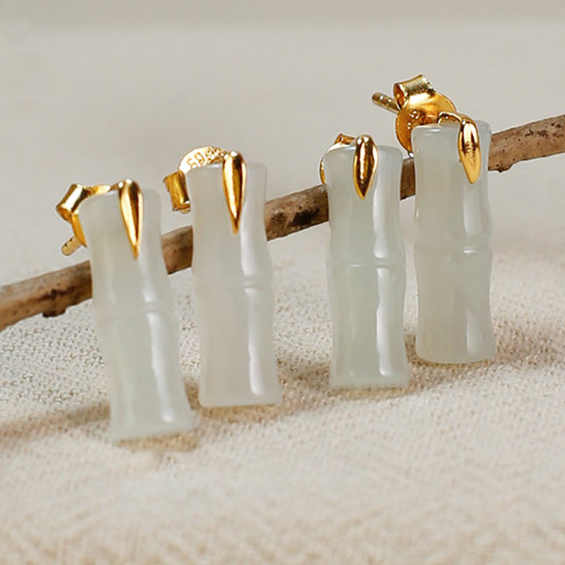 Bamboo Hetian Jade 925 Sterling Silver Leaf Wealth Earrings - Image 3