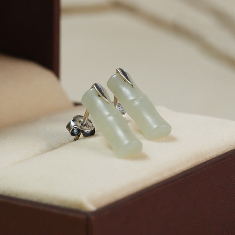 Bamboo Hetian Jade 925 Sterling Silver Leaf Wealth Earrings - Image 9