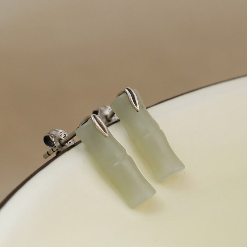 Bamboo Hetian Jade 925 Sterling Silver Leaf Wealth Earrings - Image 10