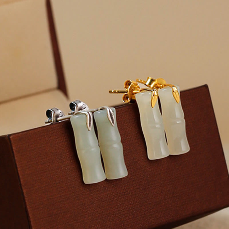 Bamboo Hetian Jade 925 Sterling Silver Leaf Wealth Earrings - Image 13