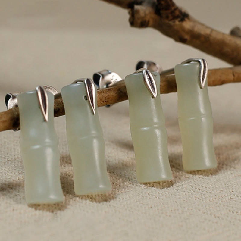 Bamboo Hetian Jade 925 Sterling Silver Leaf Wealth Earrings - Image 11