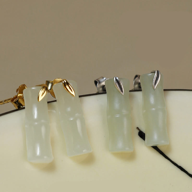 Bamboo Hetian Jade 925 Sterling Silver Leaf Wealth Earrings - Image 12