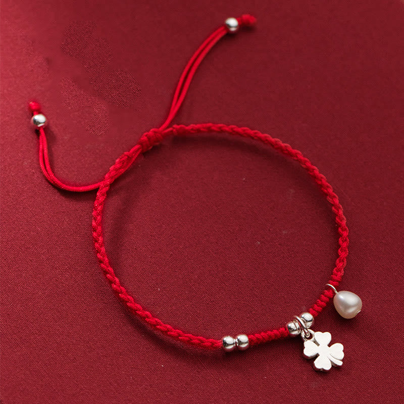Retro 925 Sterling Silver Four Leaf Clover Pearl Luck Red String Bracelet