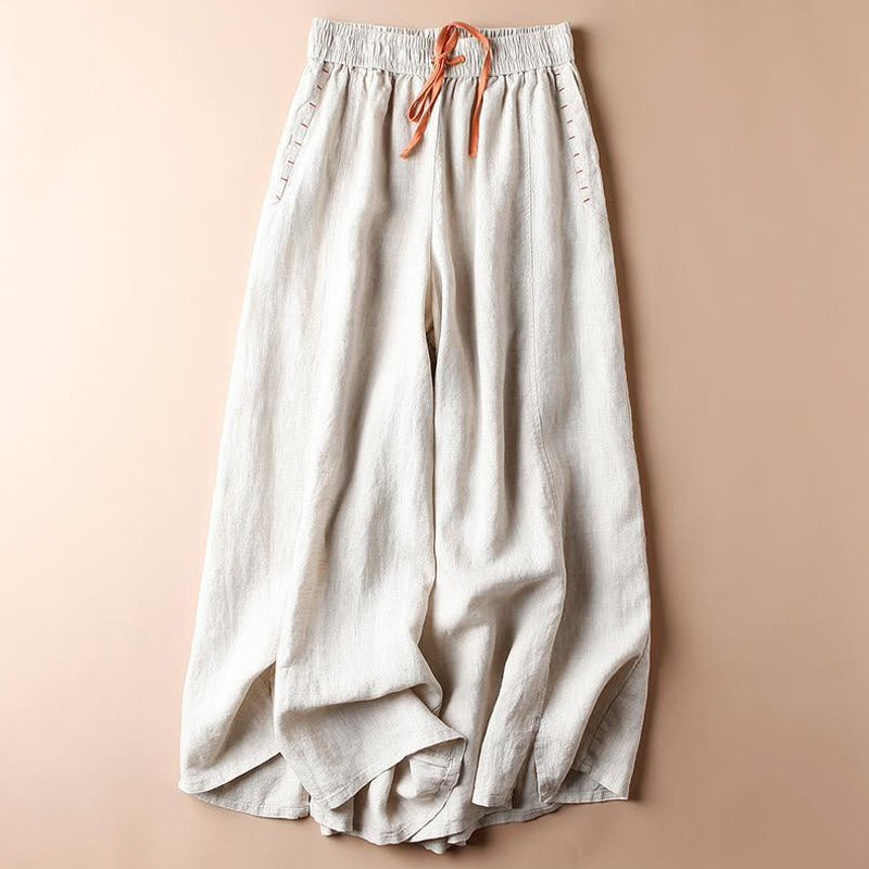 Casual Cotton Slit Hem Women's 7-8 Length Wide Leg Pants With Pockets