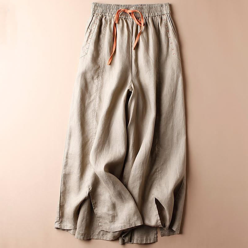 Casual Cotton Slit Hem Women's 7-8 Length Wide Leg Pants With Pockets - Image 8