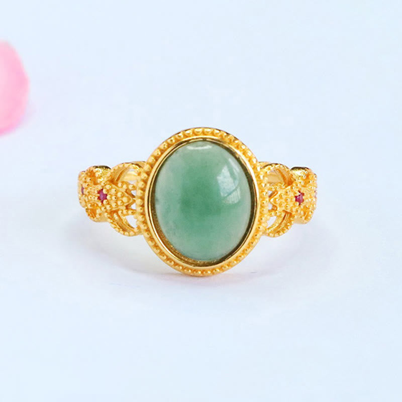 Natural 925 Sterling Silver Plated Gold Hollow Design Jade Luck Ring