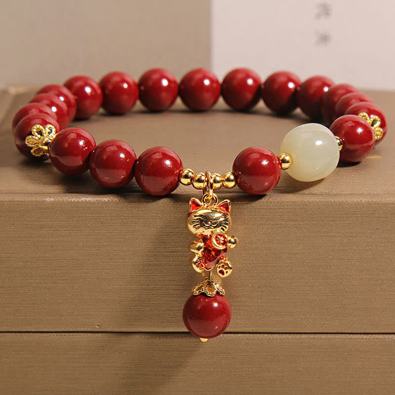 Natural Lucky Cat Pendant Cinnabar Blessing Bracelet