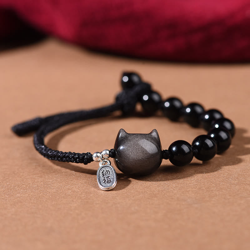 Black Obsidian Silver Sheen Obsidian Cute Cat Dancing Lion Strength Bracelet