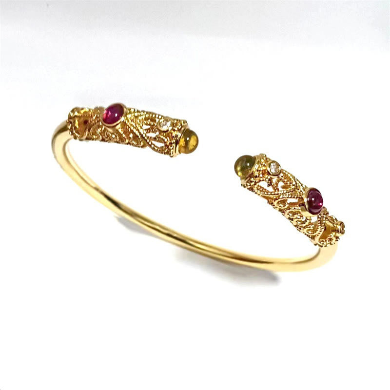 Golden Flower Pattern Red Zircon Amber Copper Luck Cuff Bracelet Bangle - Image 11