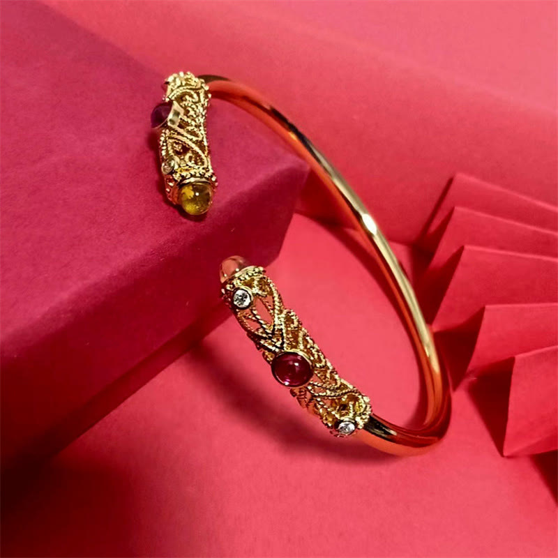 Golden Flower Pattern Red Zircon Amber Copper Luck Cuff Bracelet Bangle - Image 8