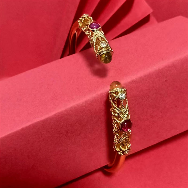 Golden Flower Pattern Red Zircon Amber Copper Luck Cuff Bracelet Bangle - Image 10