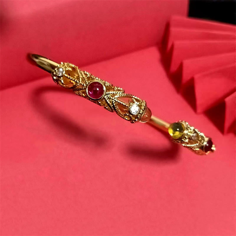 Golden Flower Pattern Red Zircon Amber Copper Luck Cuff Bracelet Bangle - Image 9