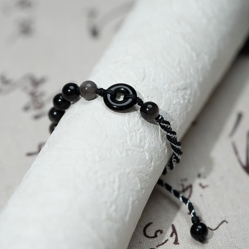 Natural Black Obsidian Peace Buckle Purification Black Rope Bracelet - Image 3