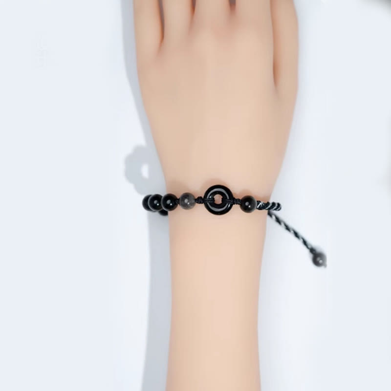 Natural Black Obsidian Peace Buckle Purification Black Rope Bracelet - Image 4
