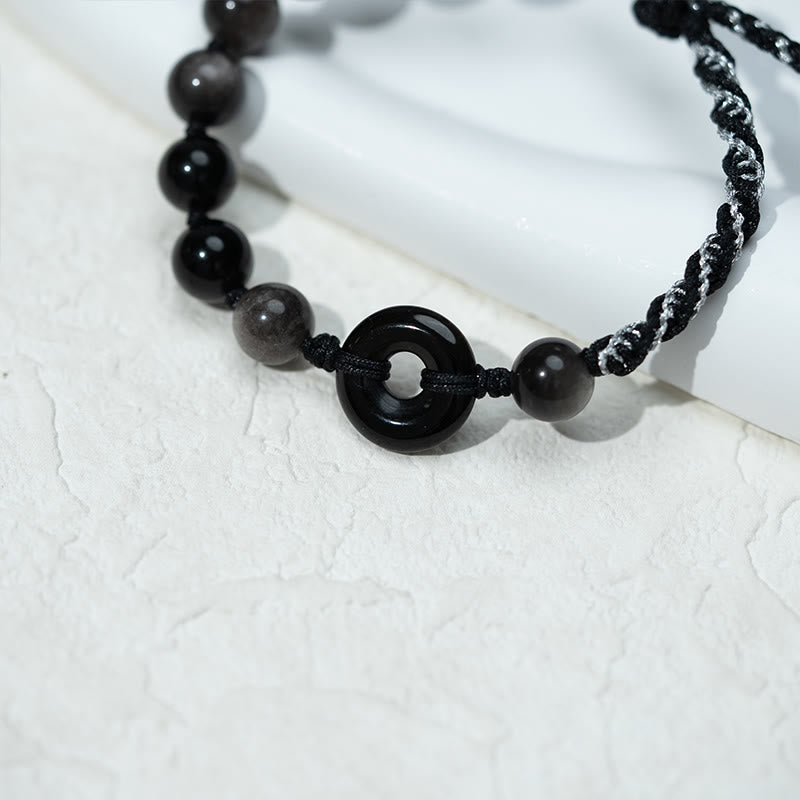 Natural Black Obsidian Peace Buckle Purification Black Rope Bracelet - Image 9
