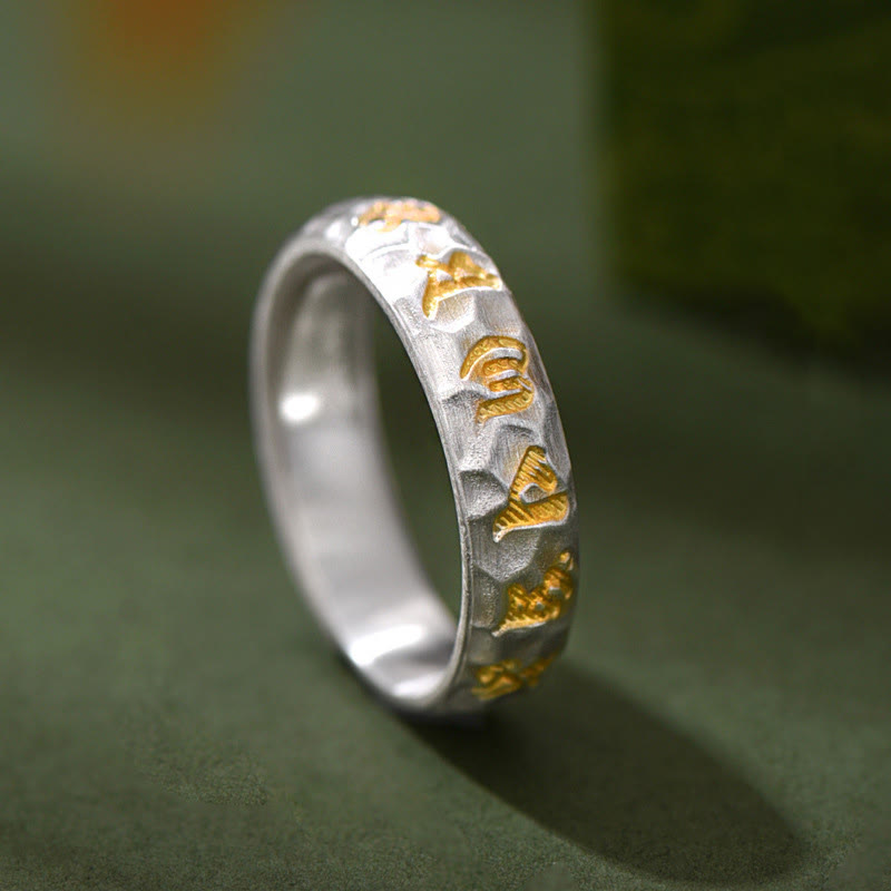 Hammer Pattern Om Mani Padme Hum Copper Plated Silver Wealth Ring