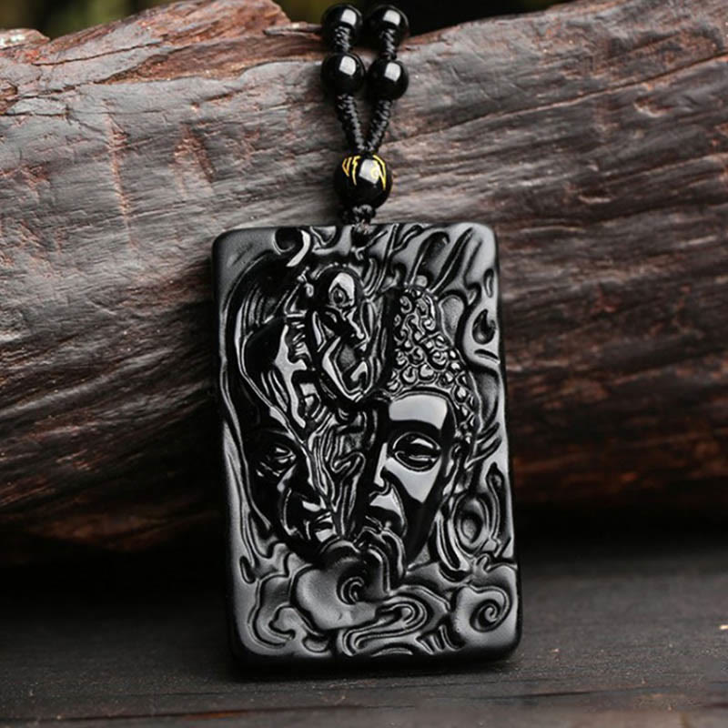 Natural Black Obsidian Buddha Devil Pattern Strength Necklace Pendant