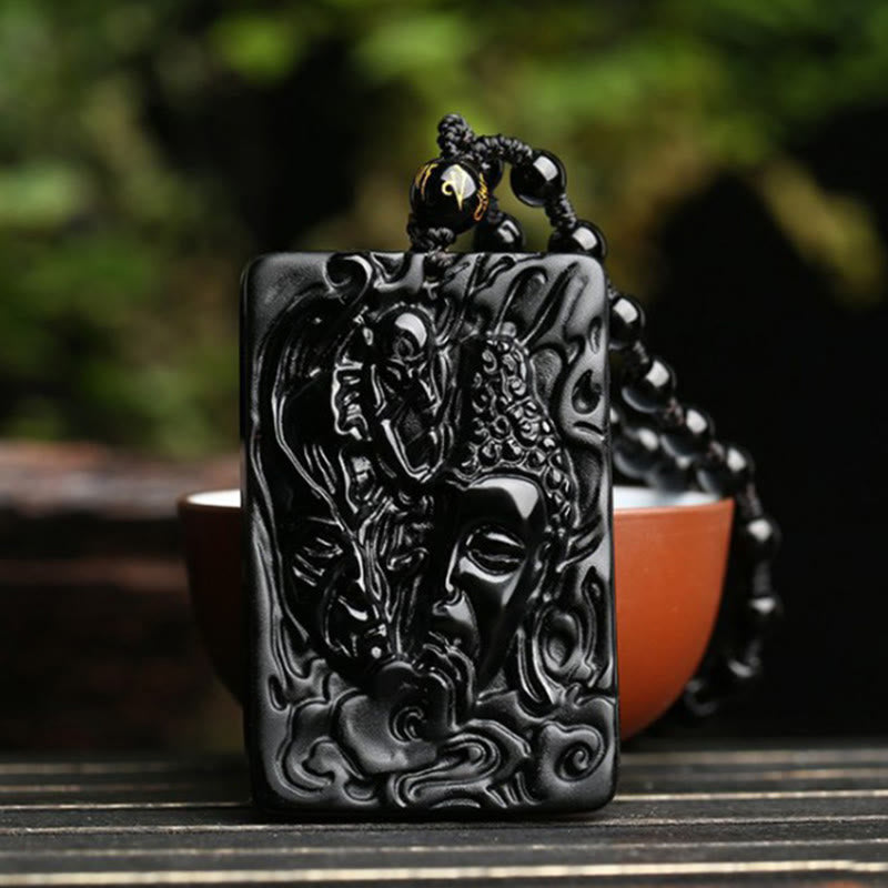 Natural Black Obsidian Buddha Devil Pattern Strength Necklace Pendant - Image 3