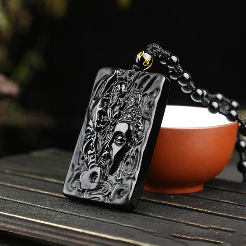 Natural Black Obsidian Buddha Devil Pattern Strength Necklace Pendant - Image 4