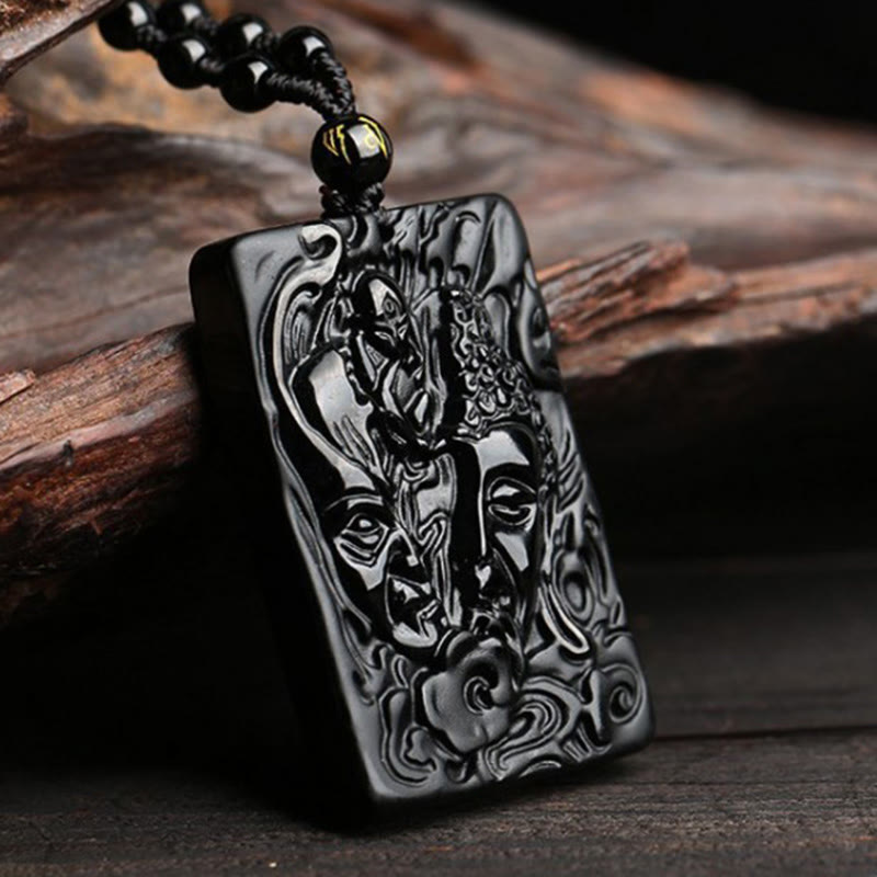 Natural Black Obsidian Buddha Devil Pattern Strength Necklace Pendant - Image 2