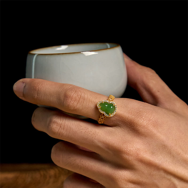 Vintage Gourd Green Chalcedony Copper Plated Gold Adjustable Wealth Ring - Image 12
