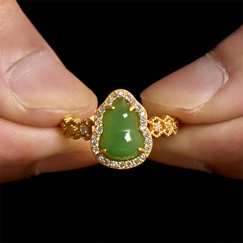 Vintage Gourd Green Chalcedony Copper Plated Gold Adjustable Wealth Ring - Image 8