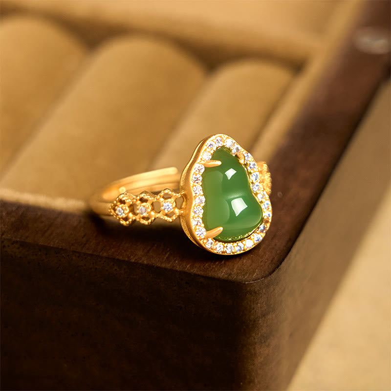 Vintage Gourd Green Chalcedony Copper Plated Gold Adjustable Wealth Ring - Image 4