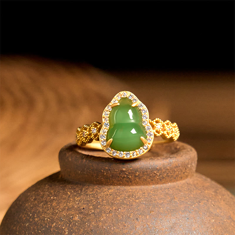Vintage Gourd Green Chalcedony Copper Plated Gold Adjustable Wealth Ring