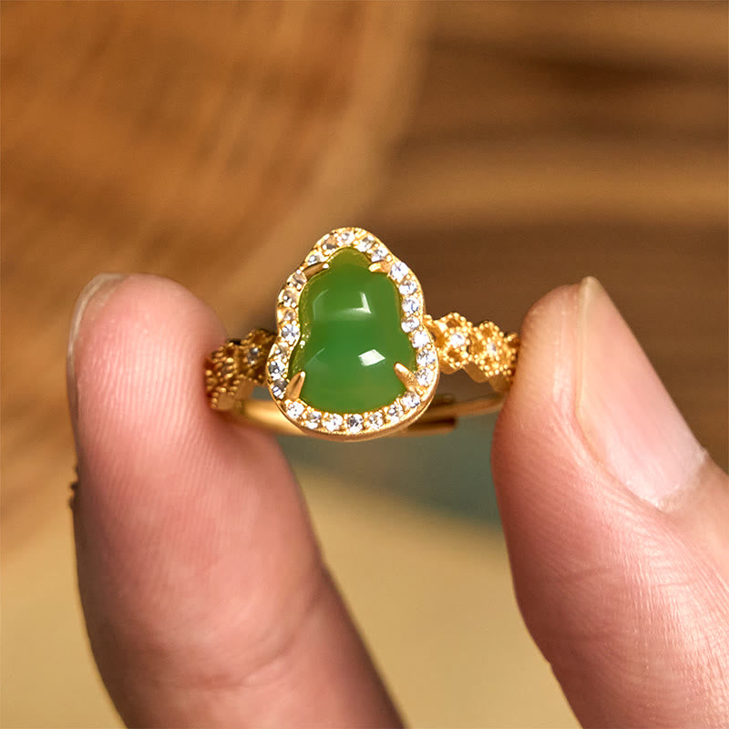 Vintage Gourd Green Chalcedony Copper Plated Gold Adjustable Wealth Ring - Image 10