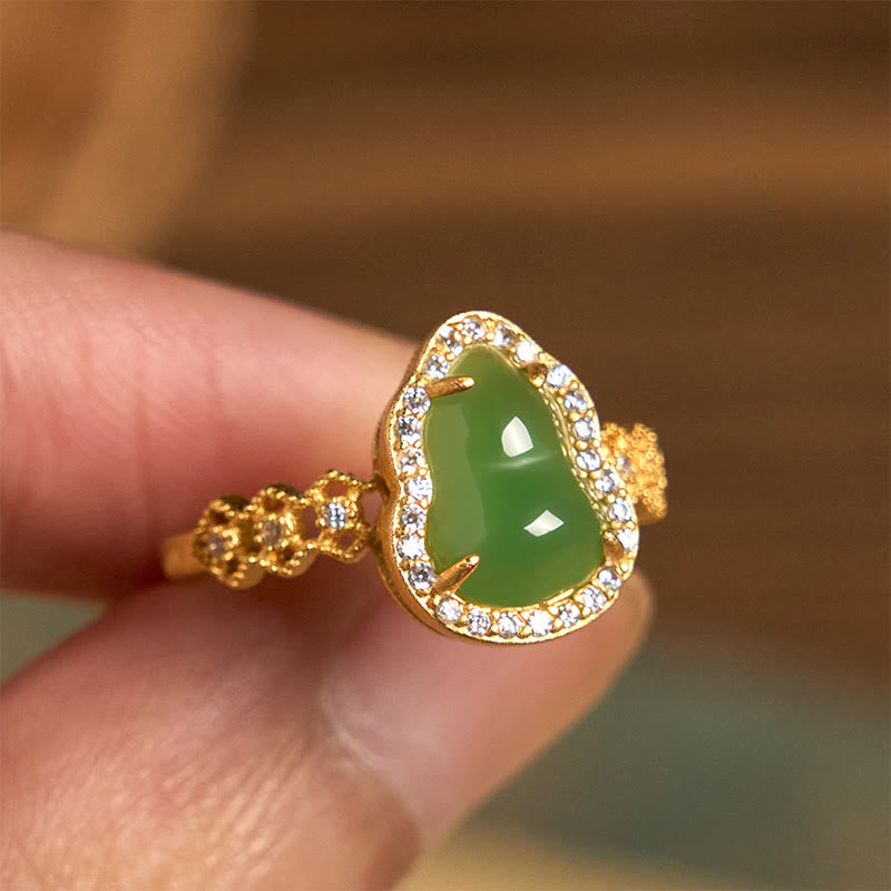 Vintage Gourd Green Chalcedony Copper Plated Gold Adjustable Wealth Ring - Image 9